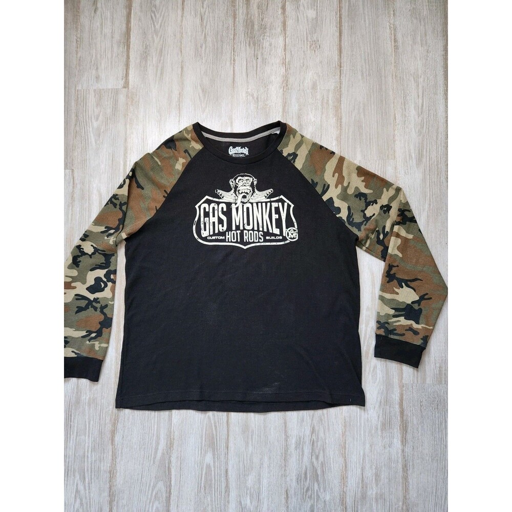Gas Monkey Garage Men's Waffle Knit Camo Long Sleeve Shirt Crewneck Black Sz 2XL